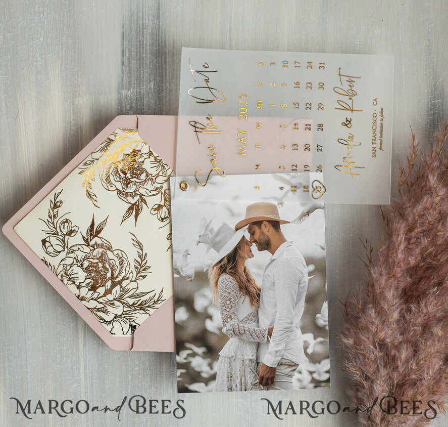 SAVE THE DATES photo vellum plexi Pink Gold peonies Save the Date Cards with Photo, Vellum Save Our Dates with Photo Gold Foil Calendar Cards