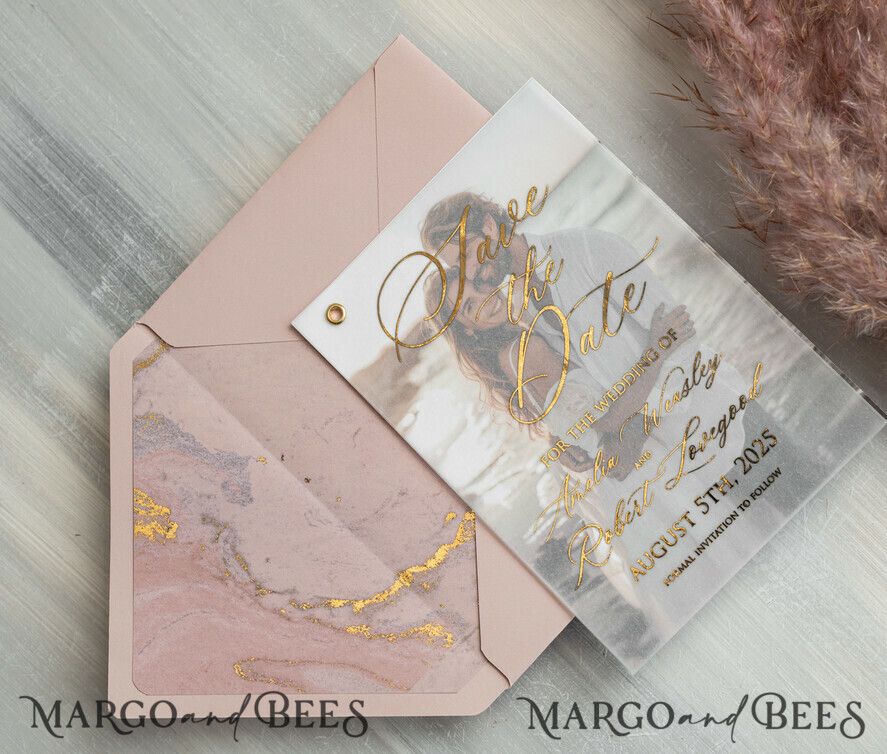SAVE THE DATES photo vellum plexi Pink Gold Marble Save the Date Cards with Photo, Vellum Save Our Dates with Photo Gold Foil Calendar Cards