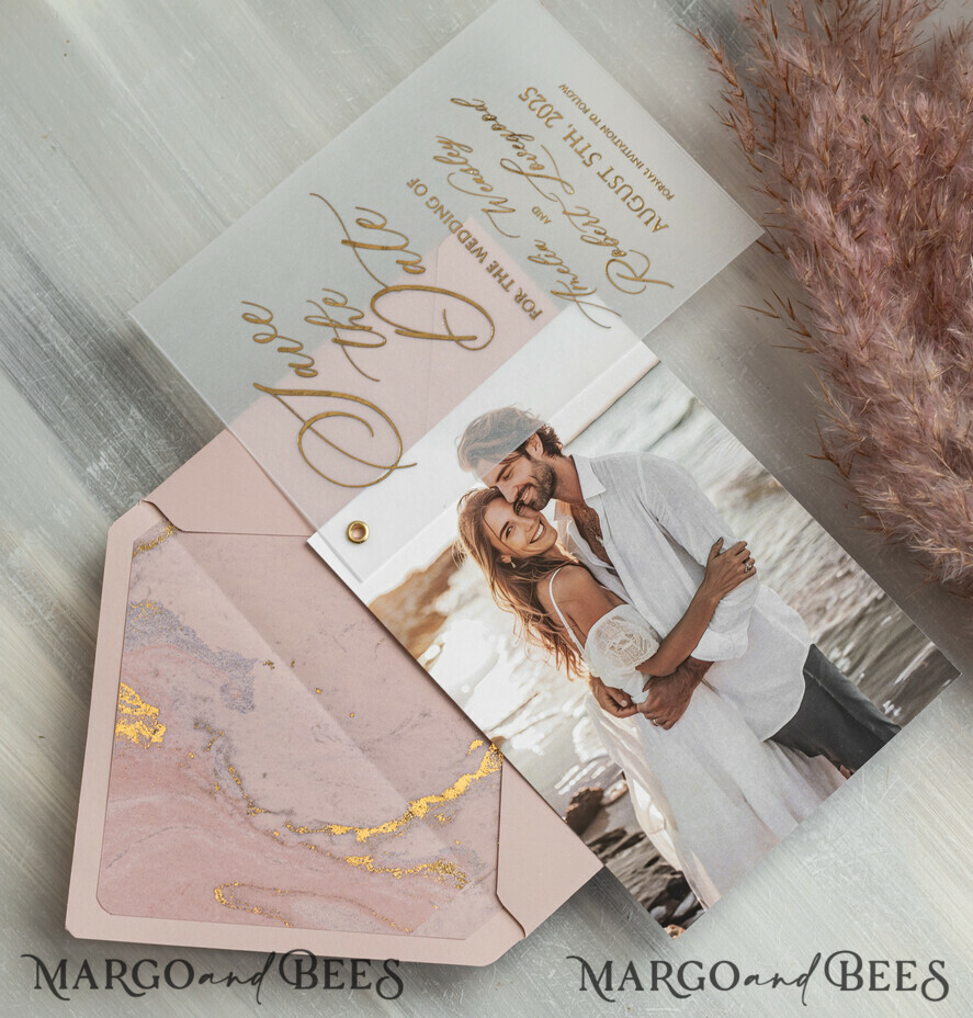 SAVE THE DATES photo vellum plexi Pink Gold Marble Save the Date Cards with Photo, Vellum Save Our Dates with Photo Gold Foil Calendar Cards