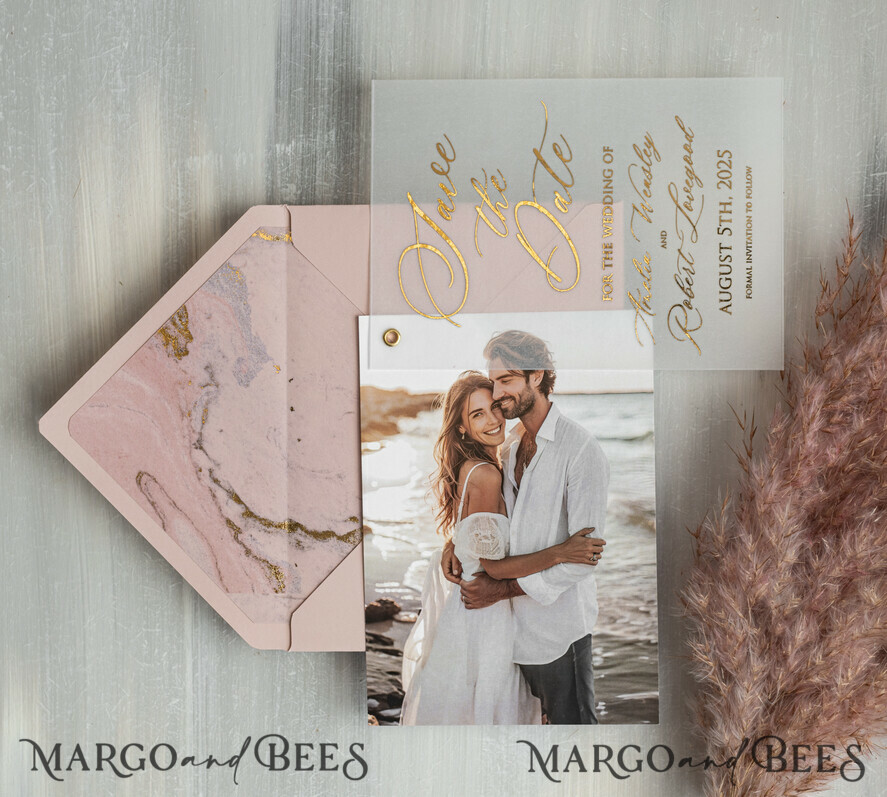 SAVE THE DATES photo vellum plexi Pink Gold Marble Save the Date Cards with Photo, Vellum Save Our Dates with Photo Gold Foil Calendar Cards