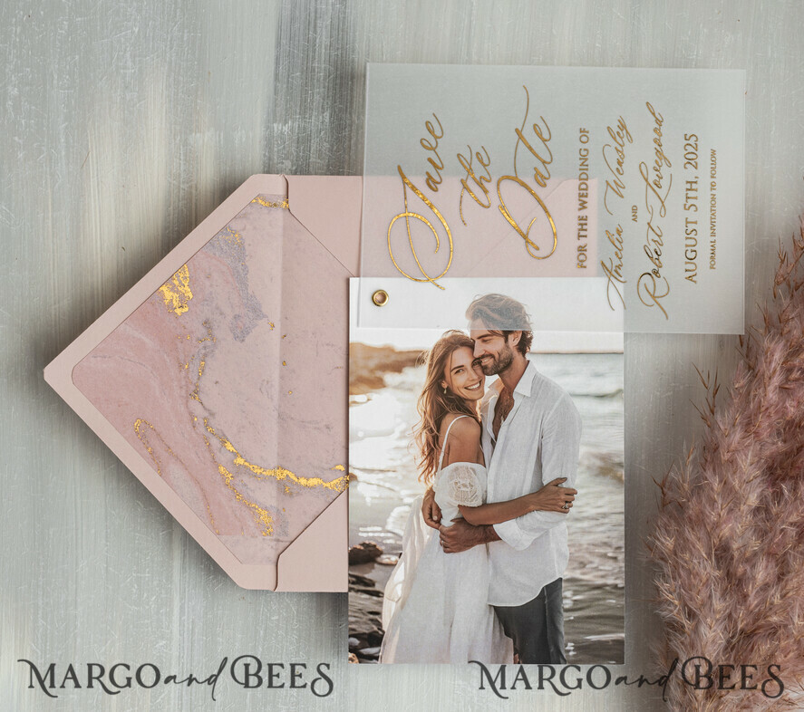 SAVE THE DATES photo vellum plexi Pink Gold Marble Save the Date Cards with Photo, Vellum Save Our Dates with Photo Gold Foil Calendar Cards