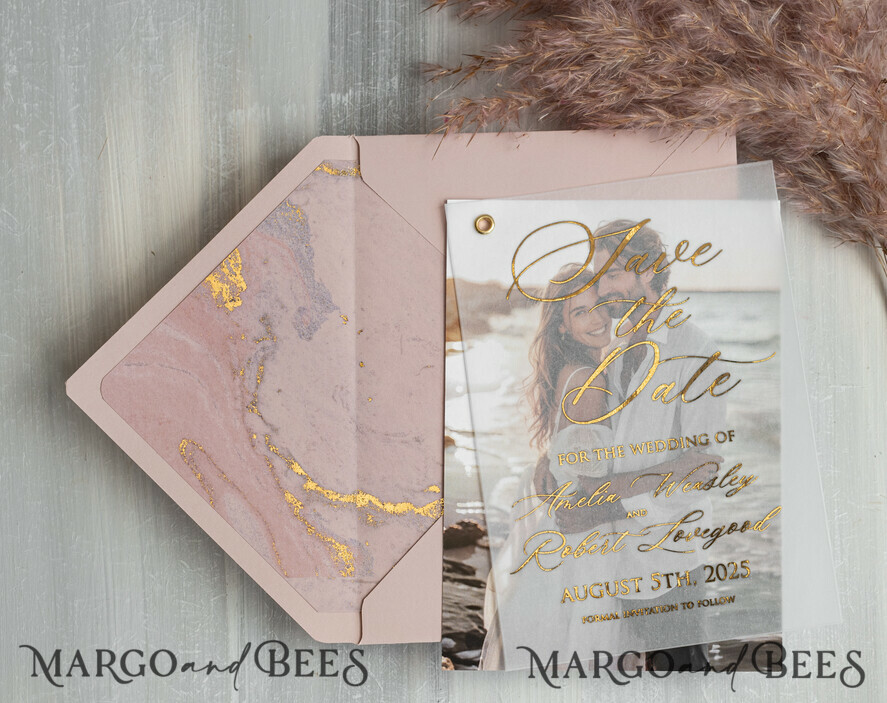 SAVE THE DATES photo vellum plexi Pink Gold Marble Save the Date Cards with Photo, Vellum Save Our Dates with Photo Gold Foil Calendar Cards