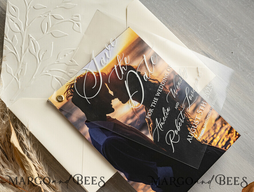 SAVE THE DATES photo vellum plexi Embossed Save the Date Cards with Photo, Ivory Plexi Clear Save Our Dates with Photo
