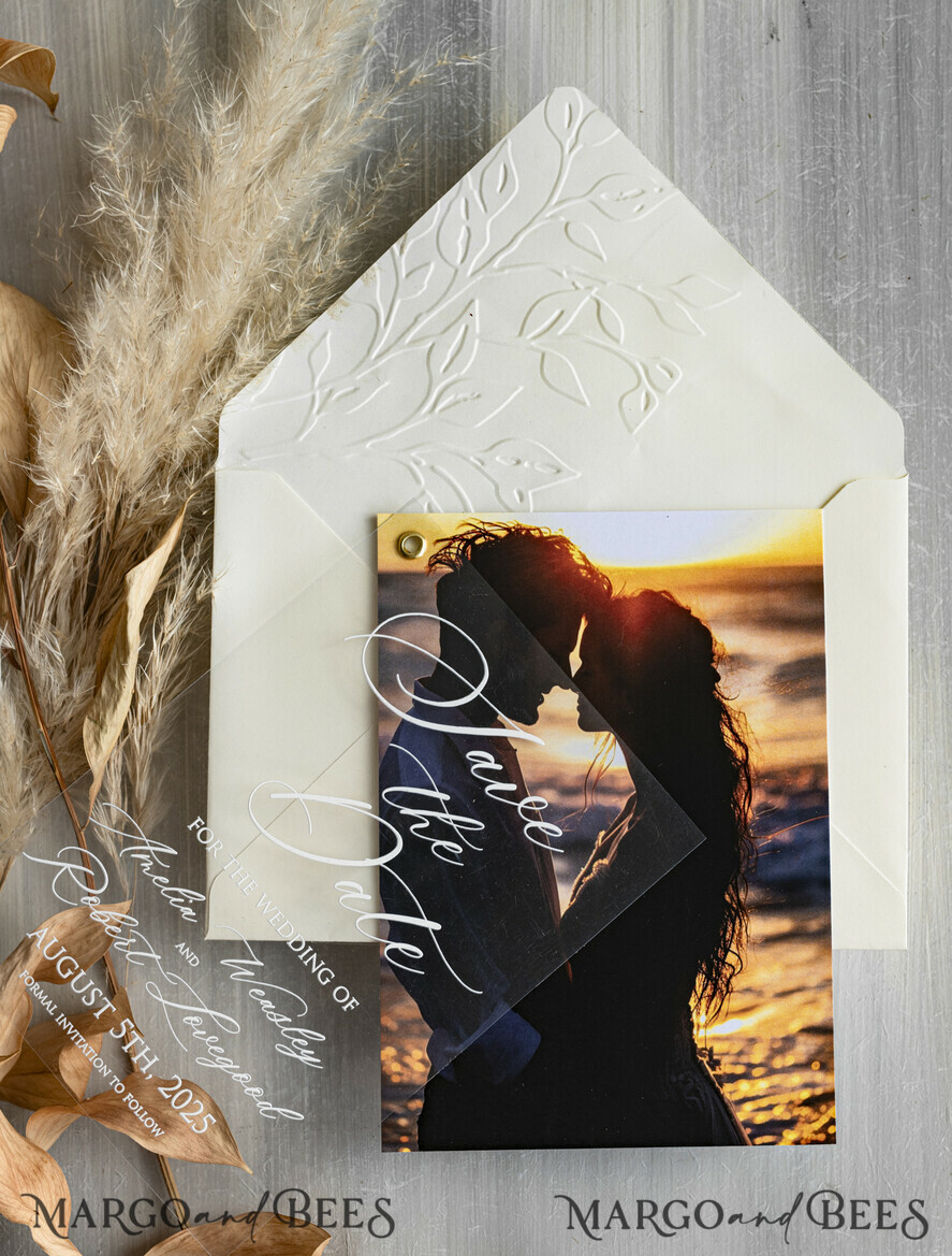 SAVE THE DATES photo vellum plexi Embossed Save the Date Cards with Photo, Ivory Plexi Clear Save Our Dates with Photo