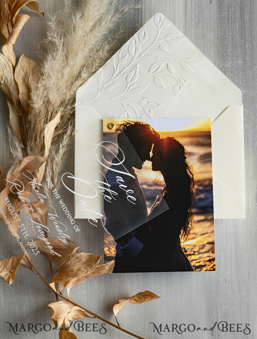 SAVE THE DATES photo vellum plexi Embossed Save the Date Cards with Photo, Ivory Plexi Clear Save Our Dates with Photo