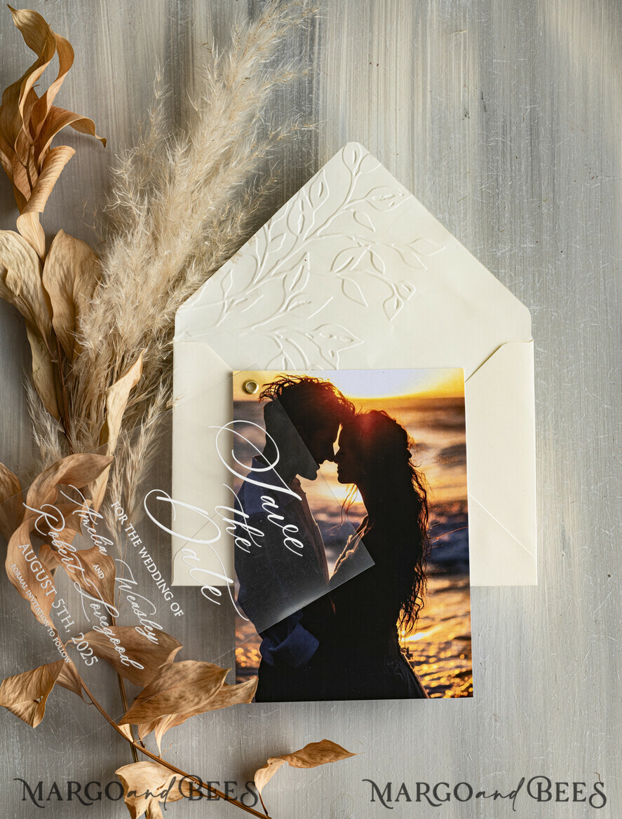 SAVE THE DATES photo vellum plexi Embossed Save the Date Cards with Photo, Ivory Plexi Clear Save Our Dates with Photo