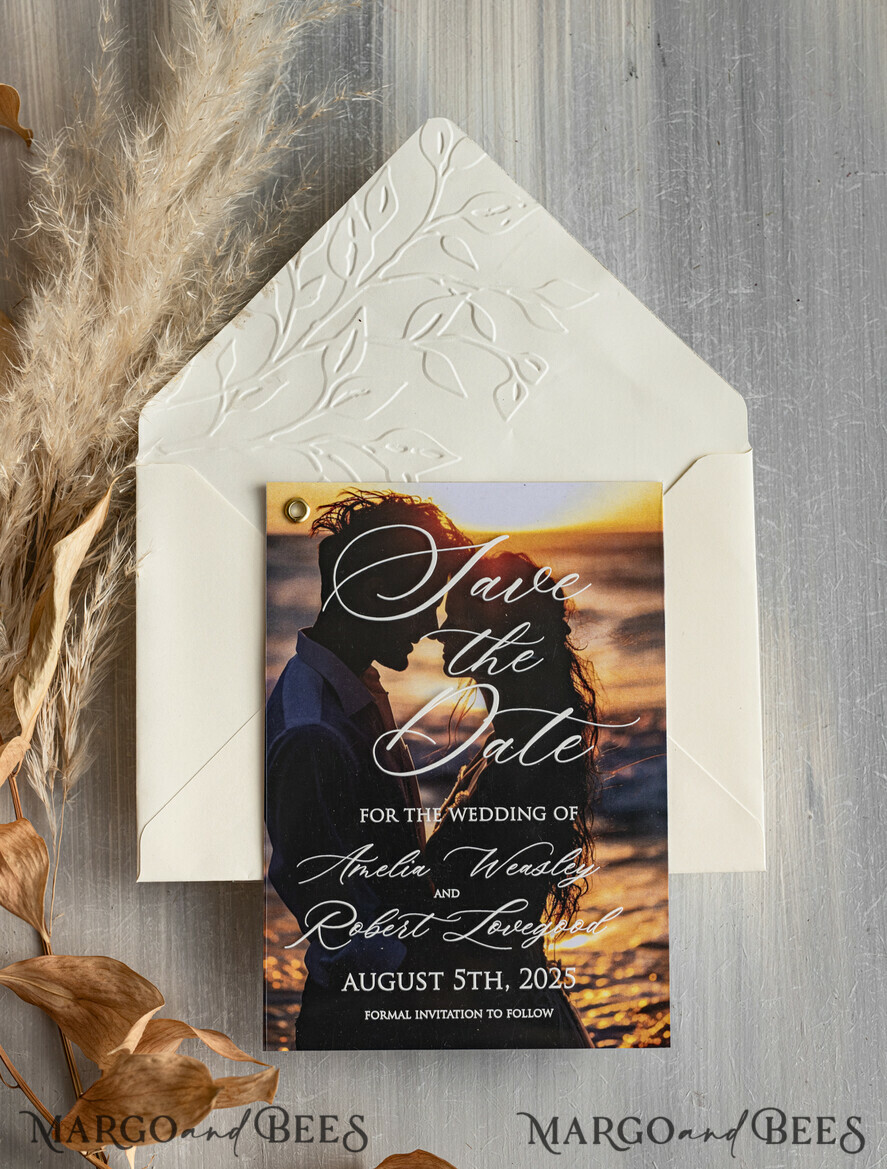SAVE THE DATES photo vellum plexi Embossed Save the Date Cards with Photo, Ivory Plexi Clear Save Our Dates with Photo