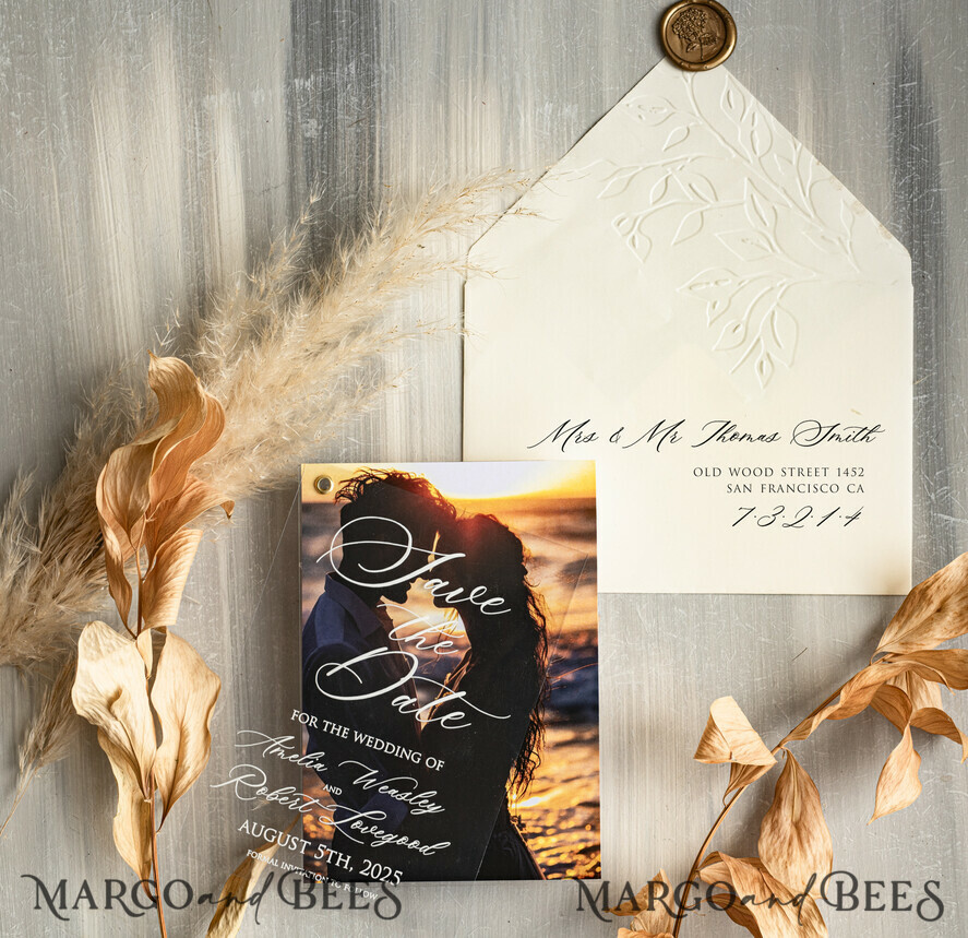 SAVE THE DATES photo vellum plexi Embossed Save the Date Cards with Photo, Ivory Plexi Clear Save Our Dates with Photo