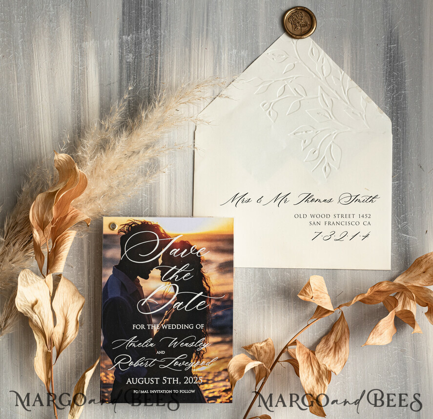 SAVE THE DATES photo vellum plexi Embossed Save the Date Cards with Photo, Ivory Plexi Clear Save Our Dates with Photo
