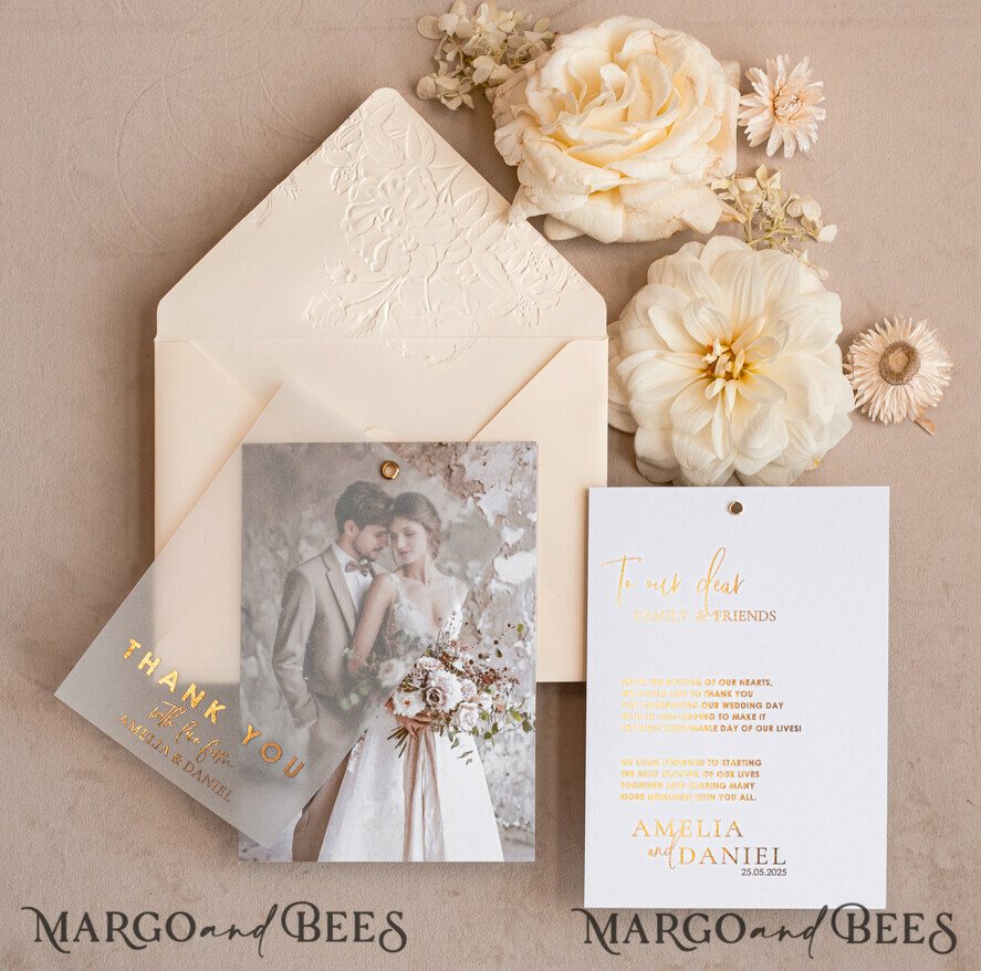 THANK YOU CARDS photo gold vellum plexi vellum Wedding Photo Thank You Cards, Embossed Wedding Thank You Cards with Photo, Minimalist Thank You Cards Wedding