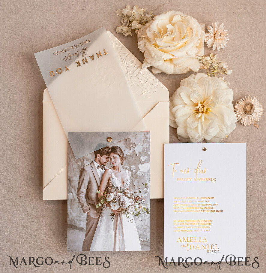 THANK YOU CARDS photo gold vellum plexi vellum Wedding Photo Thank You Cards, Embossed Wedding Thank You Cards with Photo, Minimalist Thank You Cards Wedding