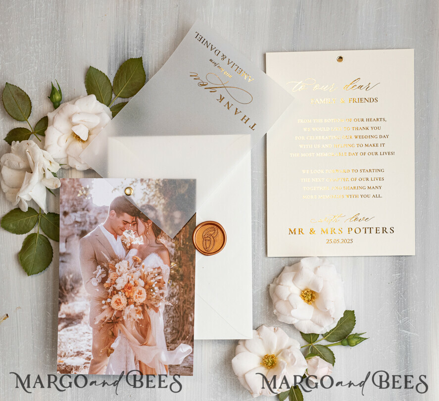 THANK YOU CARDS photo gold vellum plexi Printed vellum Wedding Photo Thank You Cards, Modern Wedding Thank You Cards with Photo, Minimalist Thank You Cards Wedding