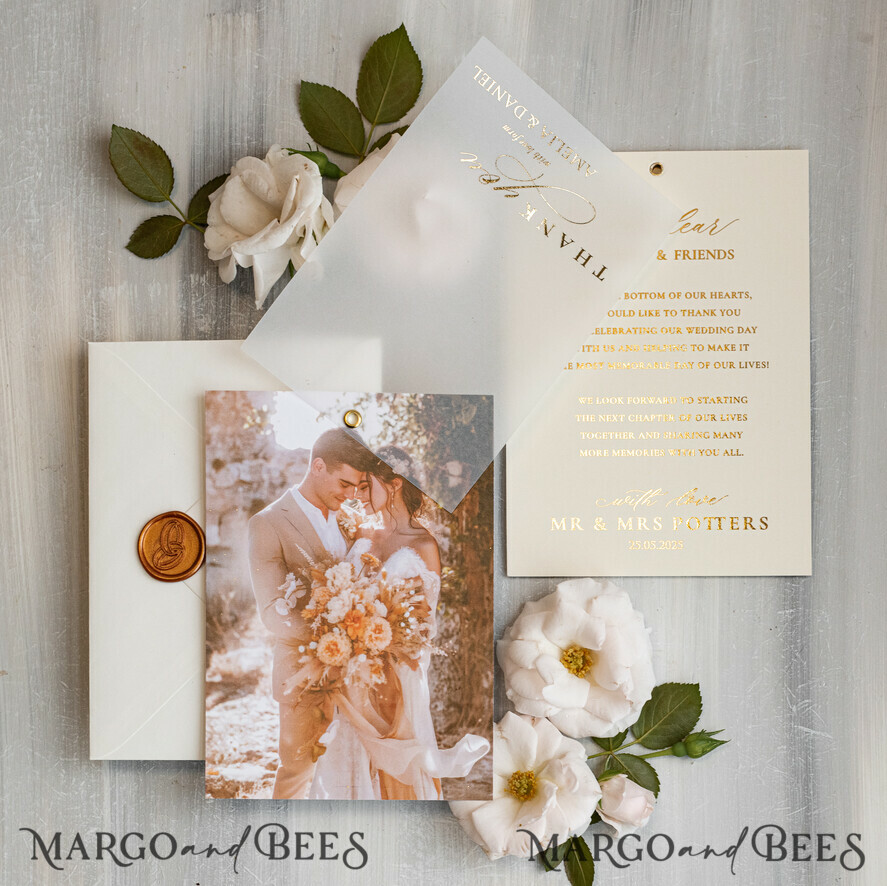 THANK YOU CARDS photo gold vellum plexi Printed vellum Wedding Photo Thank You Cards, Modern Wedding Thank You Cards with Photo, Minimalist Thank You Cards Wedding