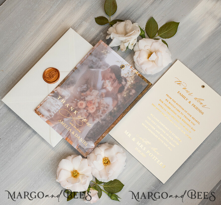 THANK YOU CARDS photo gold vellum plexi Printed vellum Wedding Photo Thank You Cards, Modern Wedding Thank You Cards with Photo, Minimalist Thank You Cards Wedding