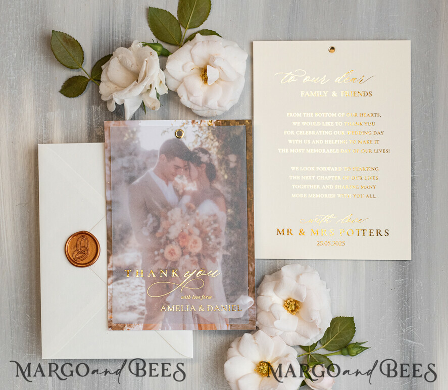 THANK YOU CARDS photo gold vellum plexi Printed vellum Wedding Photo Thank You Cards, Modern Wedding Thank You Cards with Photo, Minimalist Thank You Cards Wedding