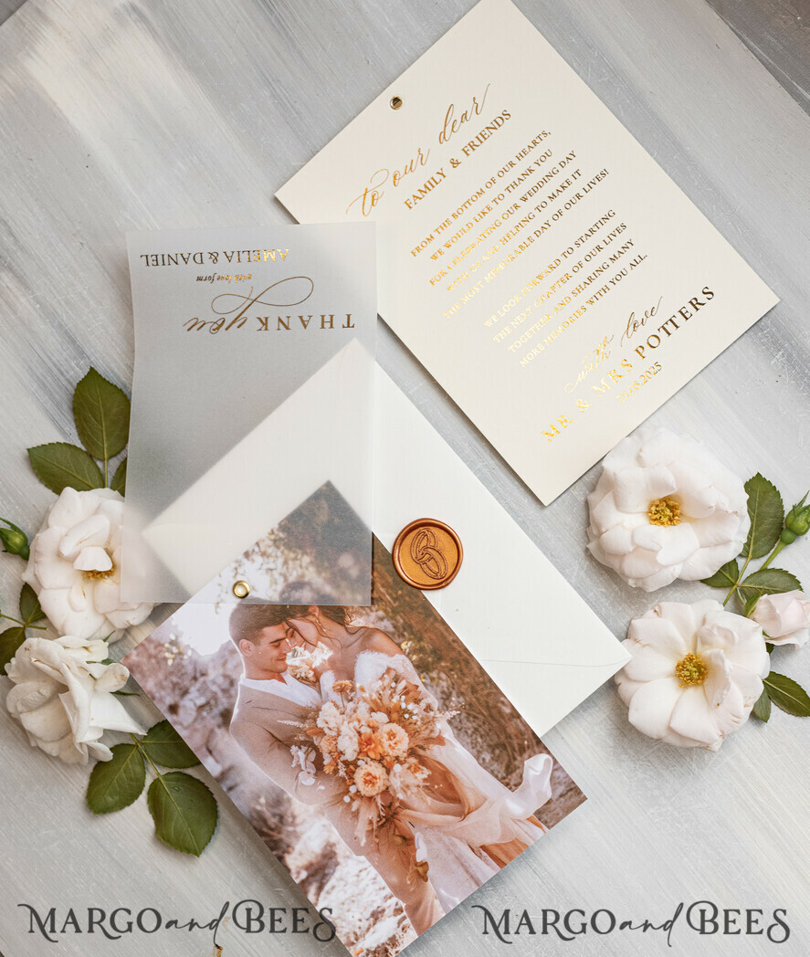 THANK YOU CARDS photo gold vellum plexi Printed vellum Wedding Photo Thank You Cards, Modern Wedding Thank You Cards with Photo, Minimalist Thank You Cards Wedding