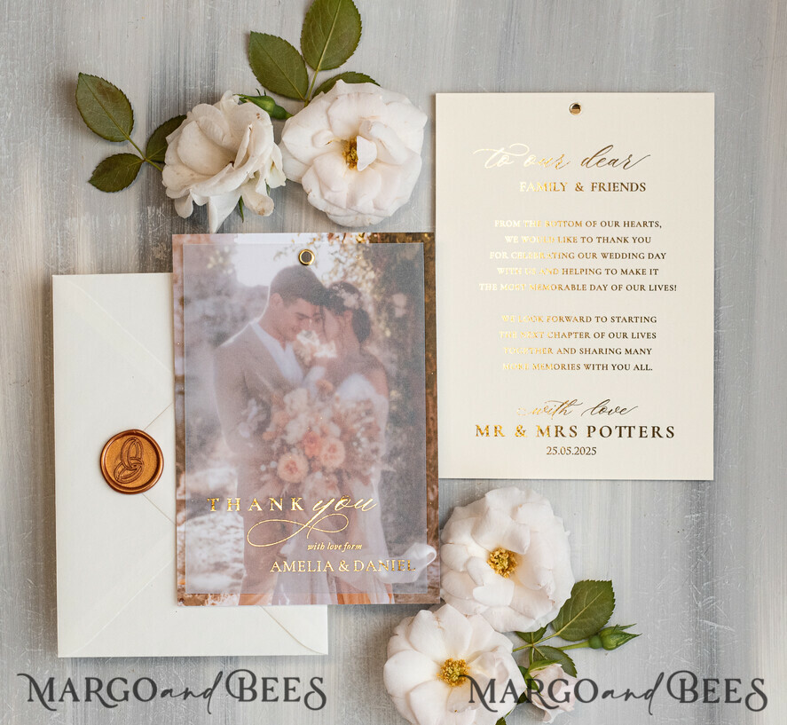 THANK YOU CARDS photo gold vellum plexi Printed vellum Wedding Photo Thank You Cards, Modern Wedding Thank You Cards with Photo, Minimalist Thank You Cards Wedding
