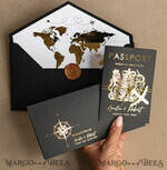 SAMPLING SERVICE samples Gold White Black Passport Wedding Invitation, Golden Wedding Cards Boarding Pass, Travel Passport Wedding Invitations Abroad, Destination Wedding Invites, Travel Map Wedding Stationary9