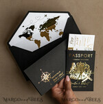 SAMPLING SERVICE samples Gold White Black Passport Wedding Invitation, Golden Wedding Cards Boarding Pass, Travel Passport Wedding Invitations Abroad, Destination Wedding Invites, Travel Map Wedding Stationary9