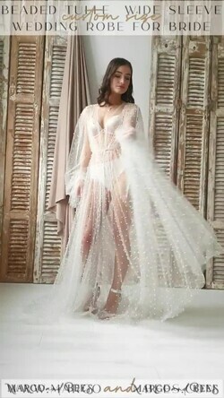 BRIDE bolero, robes, garter Bridal Robes White Tulle with pearls Long Bridal robe for wedding, Tulle Beaded Robe wide  sleeves, Mesh Pearls Bride robe Long white robe, boudoir robe Dressing gown Bridesmaid gift16