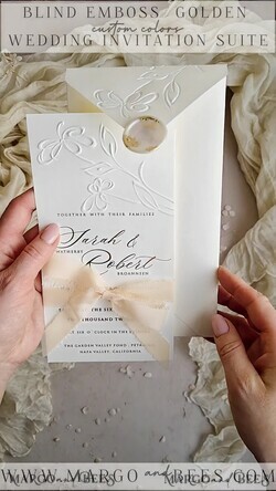 WEDDING INVITATIONS embossed invites  Bespoke Embossed Blind Ivory Gold Wedding Invitation, Golden Ecru deboss Floral Wedding Invitation, Modern Garden Debossed Invitation suite, Cotton paper wedding invitation suite, Wedding Invitations golden27