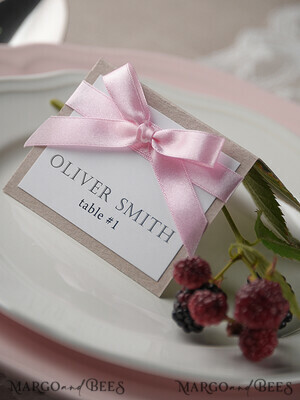  rustic and lace Romantic White Minimalist Wedding Table Place Cards with Pink Ribbon, Modern Elegant Eco Place Card, Rustic Pink Table Cards, Gorgeous Wedding Name Tags