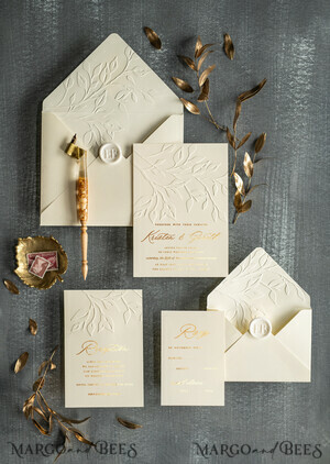  samples Gold Embossed wedding Invitation Sample, handmade sample set, Ivory and Gold Foil wedding invitation, Ivory invites sample set