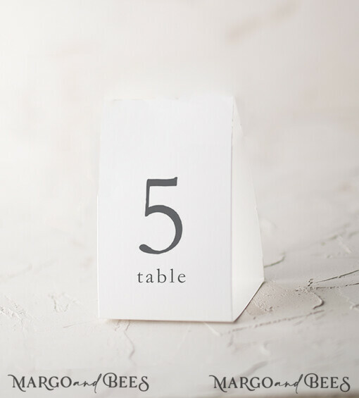 TABLE DECOR SIGNS romantic Minimalistic White Wedding Table Number, Simple Elegant Table Cards, Handmade Simple Table Décor, Luxury Aesthetic White Table Numbers With Black Printout      