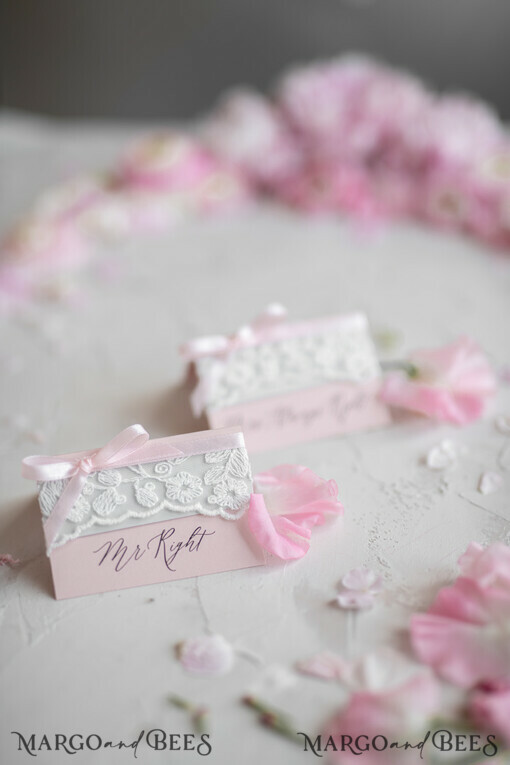PLACE CARDS / TABLE CARDS Lace Romantic Lace Blush Pink Wedding Place Cards with Blush Pink Ribbon, Elegant Name Tags for Your Wedding Tables, Blush Pink Weddign Stationery, Gorgeous Cards