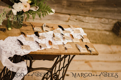 PLACE CARDS / TABLE CARDS Rustic Eco Wedding Place cards Rustic Eco Brown Wedding Place Cards,  Minimalistic Name Tags with Feathers and Black Calligraphy Printout, Boho Wedding lace Cards, Custom Text Escort Cards