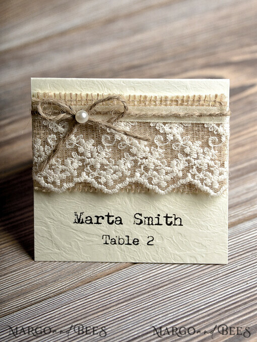 PLACE CARDS / TABLE CARDS Rustic Eco Wedding Place cards Ecru Eco Wedding Place Cards, Rustic Place Cards, Lace and Burlap Twine Wedding Name Cards with Pearl Decor, Eco Rustic Name Tags, Editable Text, Romantic Decor