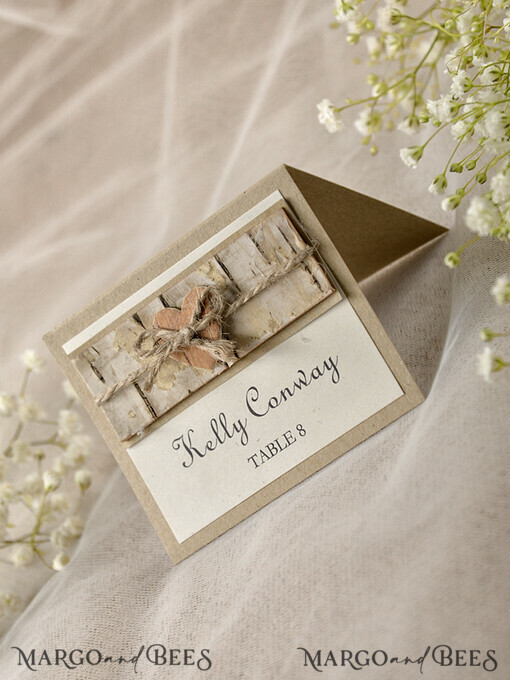 PLACE CARDS / TABLE CARDS Rustic Eco Wedding Place cards Romantic Eco Wedding Place Cards with Bark and Burlap Twine, Brown and Ivory Name Tags with Wooden Heart, Rustic Wedding Stationery, Elegant Wedding Place Cards