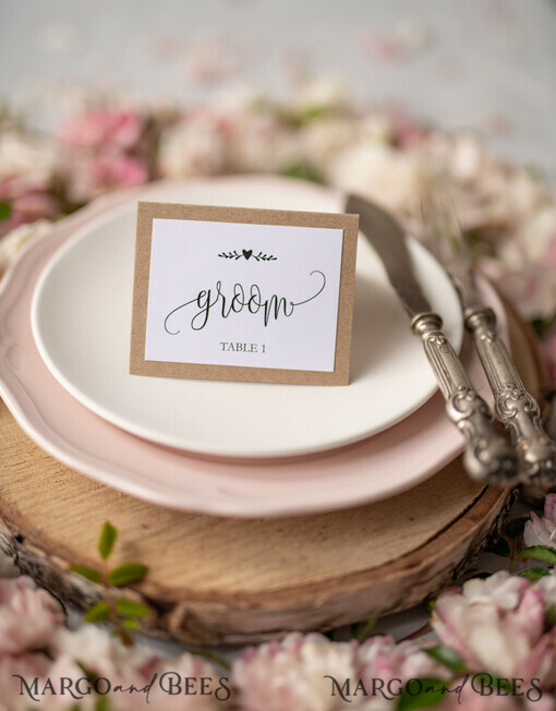 PLACE CARDS / TABLE CARDS Rustic Eco Wedding Place cards Minimalistic White Wedding Place Cards, Rustic Eco Brown with Black Printout, Delicate Wedding Name Tags, Unique Wedding Stationery, Custom Wording Escort Card