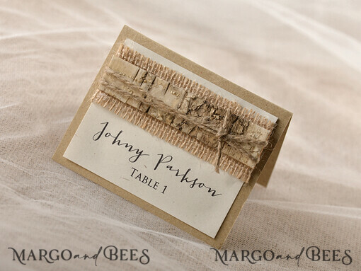 PLACE CARDS / TABLE CARDS Rustic Eco Wedding Place cards Simple Ivory Wedding Place Card, Brown Name Tags with Bark and Burlap Twine, Elegant Wedding Stationery, Rustic Wedding Place Cards, Custom Escort Cards