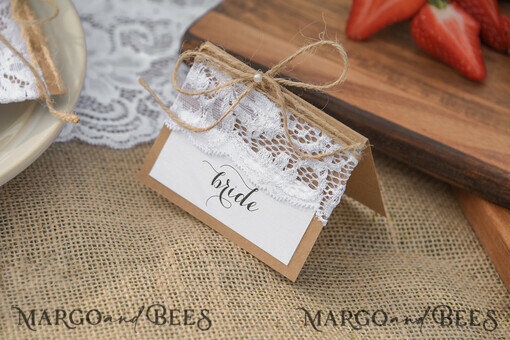 PLACE CARDS / TABLE CARDS Rustic Eco Wedding Place cards Minimalist White Wedding Place Cards, Rustic Name Tags, Simple Romantic Wedding Name Tags with Lace and Burlap Twine, Custom Text, Rustical Wedding Place Cards