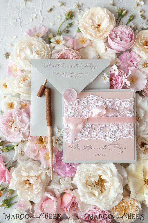 WEDDING INVITATIONS vintage lace/ rustic lace Romantic  Wedding Stationery Vintage Lace Presonalized Invitation Light Grey and Blush Pink