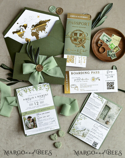WEDDING INVITATIONS passport to love/ beach wedding invites  Gold Sage green Passport Wedding Invitation, Golden Wedding Cards Boarding Pass, Greenry Travel Passport Wedding Invitations Abroad, Destination Greece Wedding Invites, Tuscany Travel Map Wedding Stationary Italy World map 