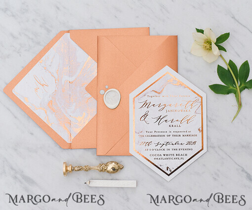WEDDING INVITATIONS gold / rose gold / silver / glitter  Luxury Copper Marble Wedding Invitations, Glamour Glitter Wedding Invites, Elegant Geometric Wedding Cards, Bespoke Orange Wedding Stationery