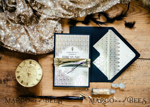 WEDDING INVITATIONS gold / rose gold / silver / glitter Luxury Golden Shine Wedding Invitations, Glamour Gold Foil Wedding Invites, Elegant Royal Navy Wedding Cards, Bespoke Great Gatsby Wedding Invitation Suite