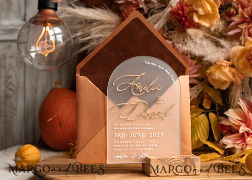 WEDDING INVITATIONS Gold / Roségold / Silber / Glitzer Herbst Terracotta Moderne Bogen 3D Hochzeits Einladung Suite, Maßgeschneiderte gefrorene Acryl Gold Hochzeits Einladung Set, Luxuriöse Samt Hochzeits Einladungen gefrostetes Plexiglas goldene Namen, Glamour Hochzeits Einladung Suite, 3D Gold Spiegel herbst kupfer Einladungen, Hochzeitskarten