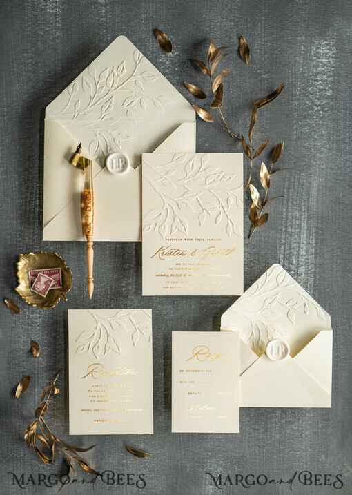 WEDDING INVITATIONS gold / rose gold / silver / glitter Embossed wedding invitations, elegant wedding invitations, luxury wedding invitations, gold wedding invitations, ivory wedding invitations, ivory wedding cards, ivory invites, ivory and gold wedding invitations, embossed branch, leaf wedding invitations, gold wedding cards, gold wedding invites, wax seals, elegant wedding stationery, gold wedding stationery, gold wedding accessories, ivory wedding