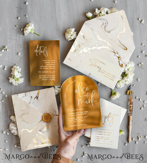 WEDDING INVITATIONS gold / rose gold / silver / glitter Elegant Gold Wedding invitations, Luxury Gold Acrylic wedding invitation, Golden marble Wedding Invites, Arch Glamour Wedding Invitation Suite
