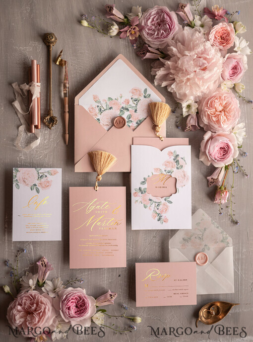 WEDDING INVITATIONS gold / rose gold / silver / glitter Glamour Golden Shine Wedding Invitation Suite, Romantic Blush Pink Wedding Invitations, Luxury Arabic Wedding Cards With Gold Tassel, Elegant Floral Wedding Invites