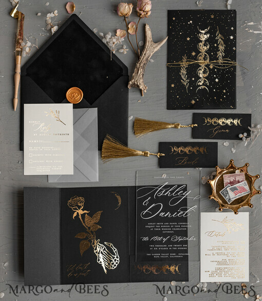 WEDDING INVITATIONS gold / rose gold / silver / glitter Halloween Moon phases Wedding Invitations Suite, Black Invitations, Spooky Halloween Invites, Gothic Wedding Invitation Cards, Skeleton Wedding Set black and gold