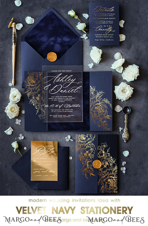 WEDDING INVITATIONS gold / rose gold / silver / glitter  Luxury Gold Foil Wedding Invitations, Elegant Navy Blue Wedding Invitation Suite, Glamour Golden Shine Wedding Cards, Bespoke Plexi Acrylic Wedding Invites