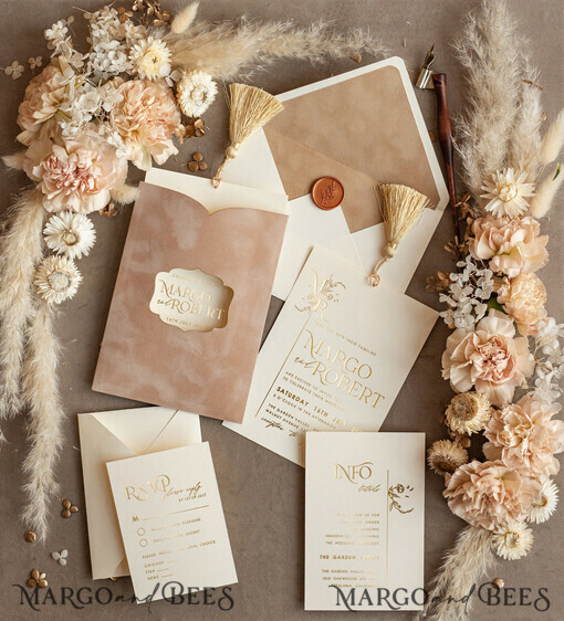 WEDDING INVITATIONS Gold / Roségold / Silber / Glitzer Benutzerdefinierte Hochzeitseinladungen samt Velours-Cremetasche, elegante goldene Quaste Hochzeitseinladungen, goldene Hochzeitseinladung-Suite, Luxus-Hochzeitskarten