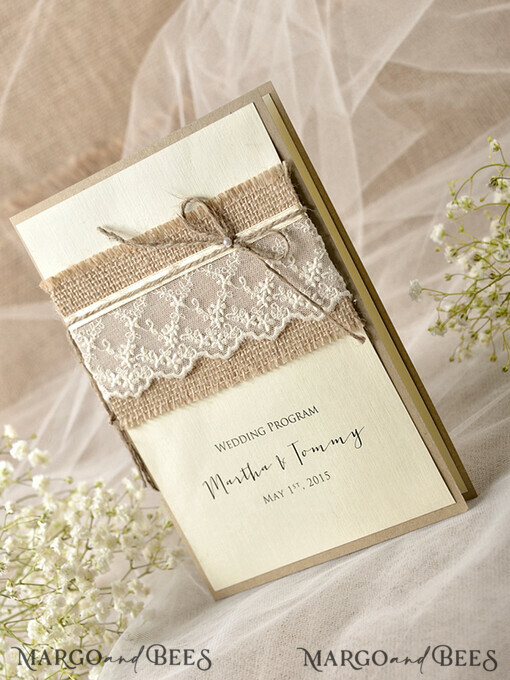 MENU & PROGRAMS rustic Ecru Rustic Wedding Program with Burlap, Barn Wedding Program, Eco Romantic Personalized Cards with Twine, Simple Rustic Lace Wedding Program, Elegant Booklet Rustic Wedding Cards
