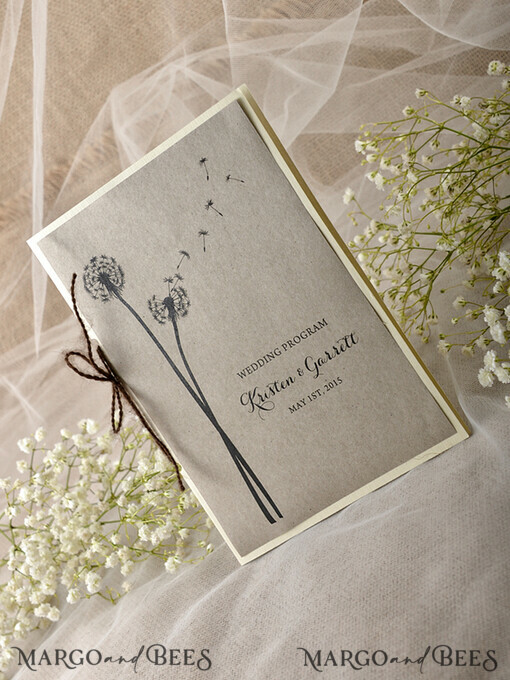 MENU & PROGRAMS rustikal Rustikales Löwenzahn-Hochzeitsprogramm mit Bindfaden, Scheunenhochzeitsprogramm, ökologische romantische personalisierte Karten, einfaches rustikales Spitzenhochzeitsprogramm, elegantes Heft braune Hochzeitskarten