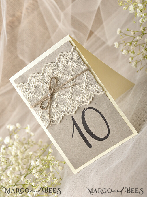 TABLE DECOR SIGNS Wood Eco Rustic Table numbers Rustic Eco Wedding Table Number with Burlap Twine, Natural Wedding Table Cards, Elegant Romantic Personalized Cards, Simple Rustic Ecru Lace Wedding Table Décor