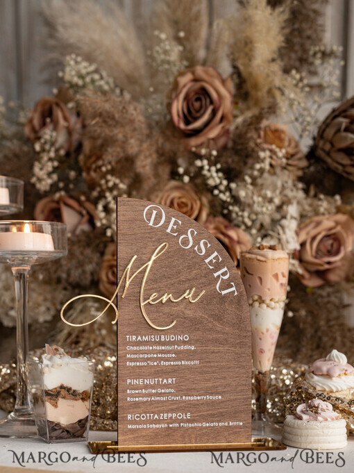 TABLE DECOR SIGNS Wood Eco Rustic Table numbers Rustic Wooden Half Arch Dessert Menu with Stand, Country Barn Wood Acrylic gold Candy Bar Sign, Natural Wood Gold Plexi Table Dessert Menu Wedding Table Decor, Wedding Signage Golden mirror and Wooden Candy Bar Menu 